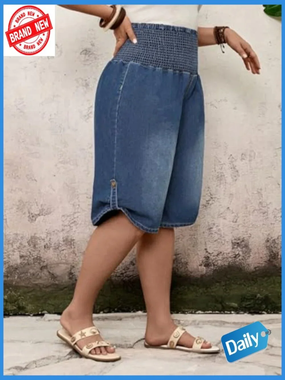 Plus Size Baggy Jean Shorts High Waisted Wide Leg Knee Length Casual Denim